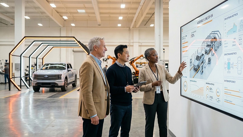 three people having a discussion in front of a large dashboard in a vehicle assembly plant