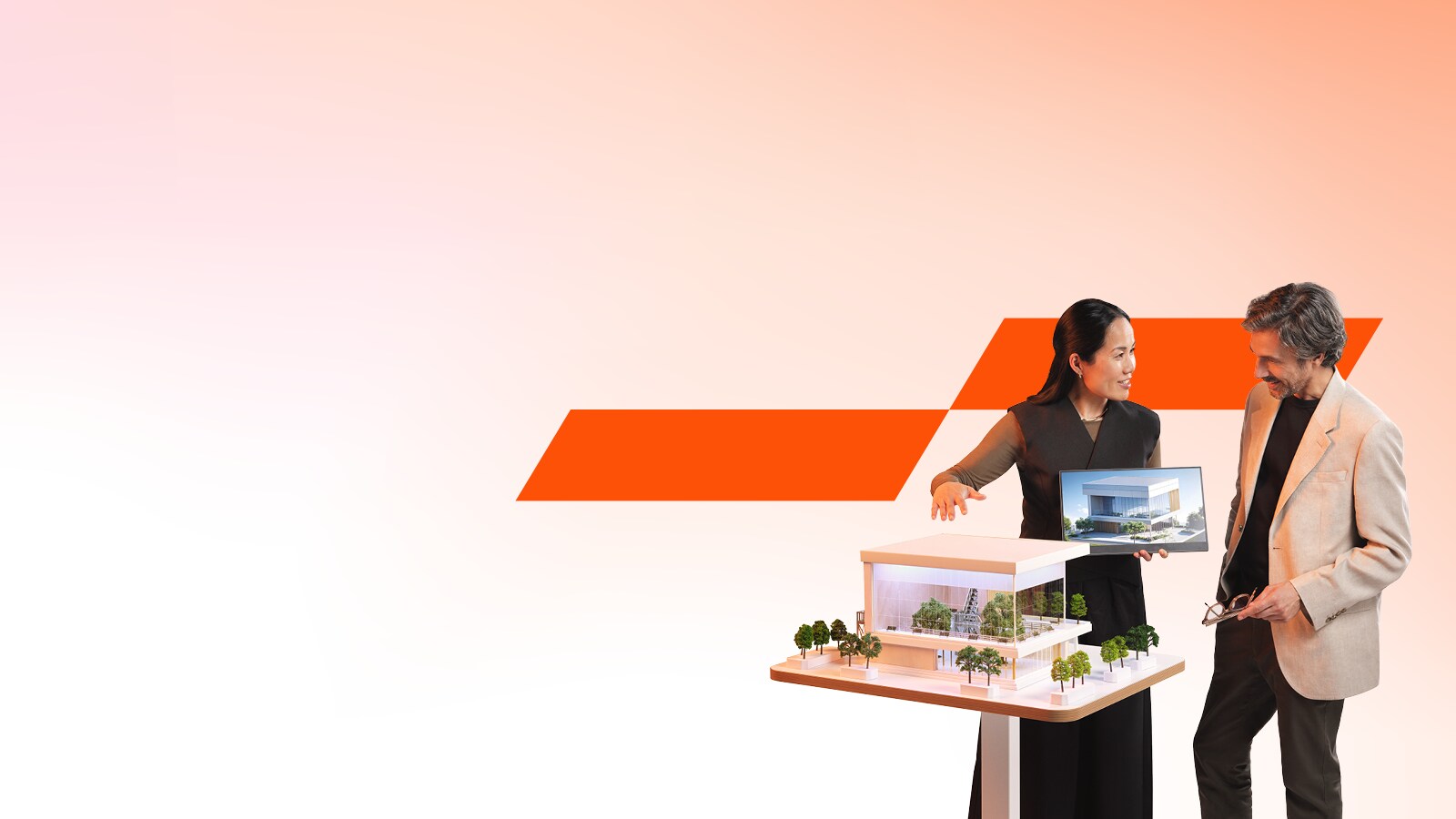 Tp personer ser på miniatyr av bygning