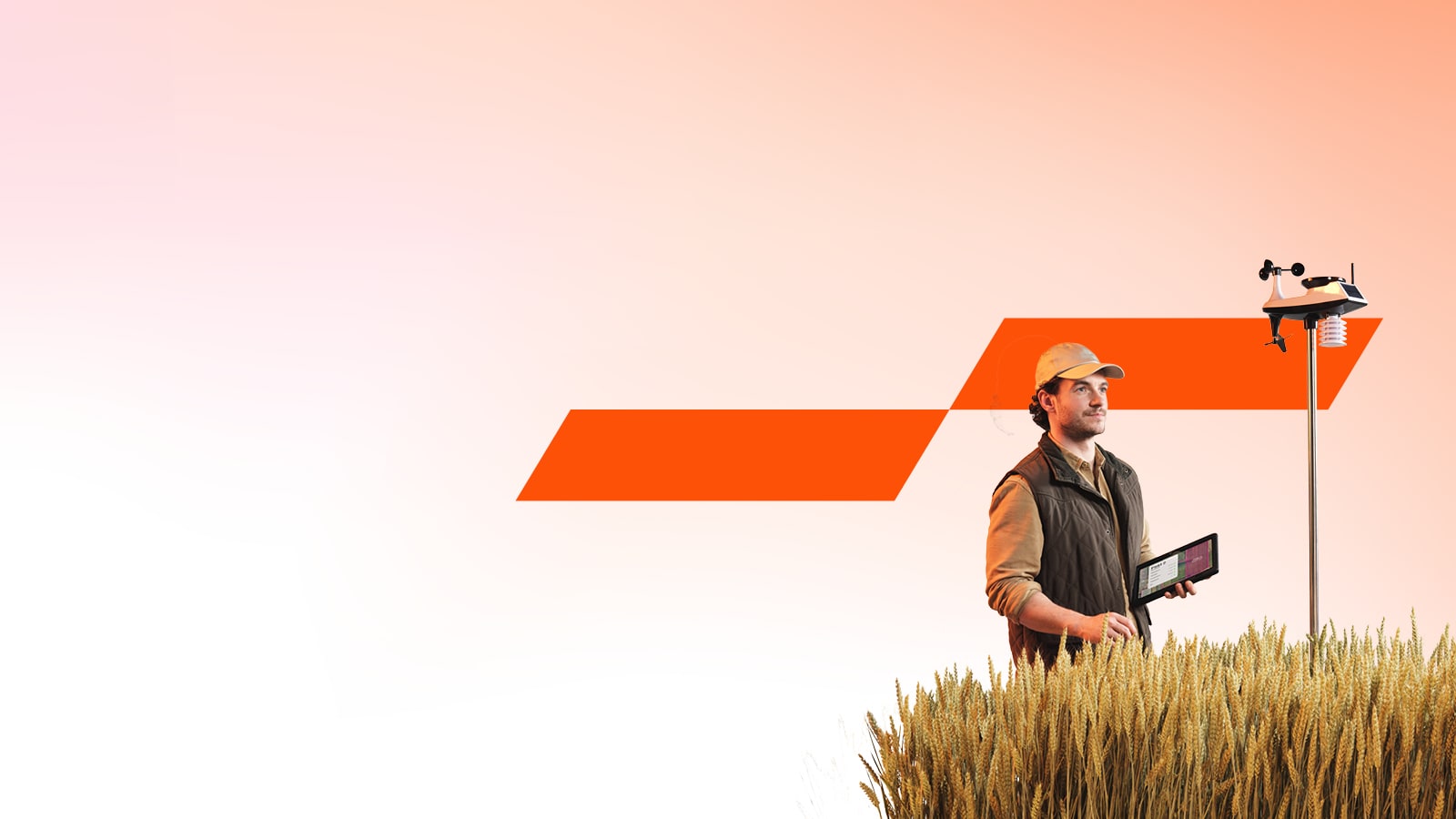 A man working in the field, combining new technology with farming. A PwC Momentum Mark is behind him.