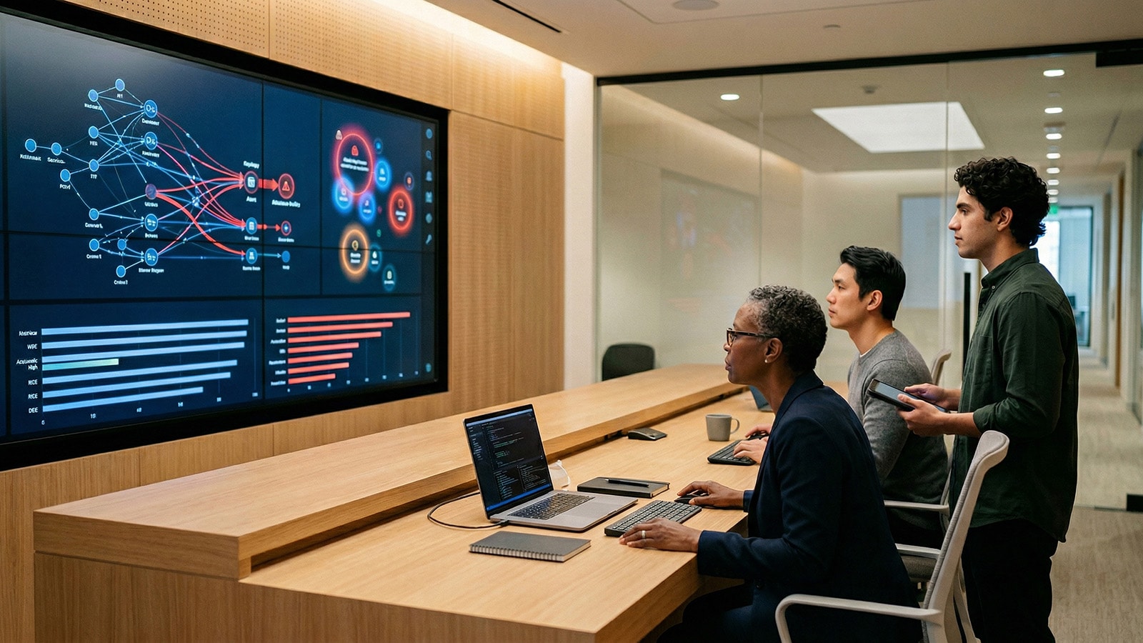 Data analytics team reviewing dashboards—AI generated