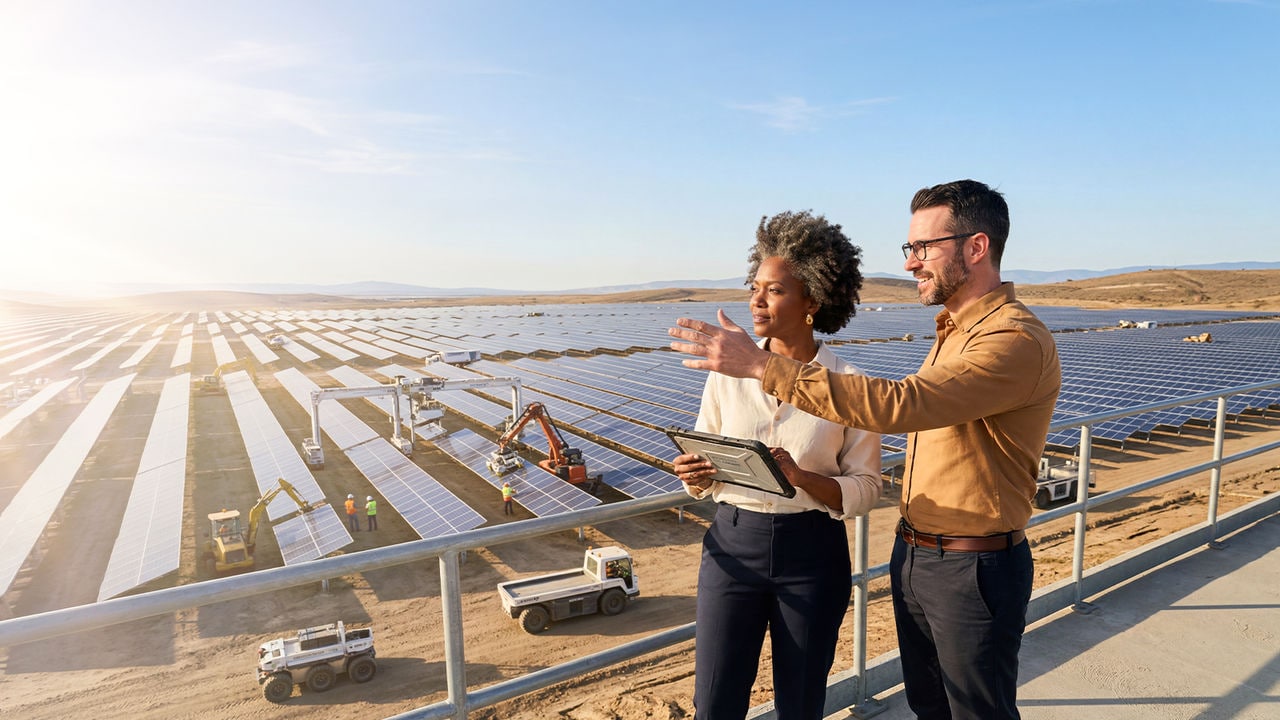 Two colleagues standing in front of a solar farm
