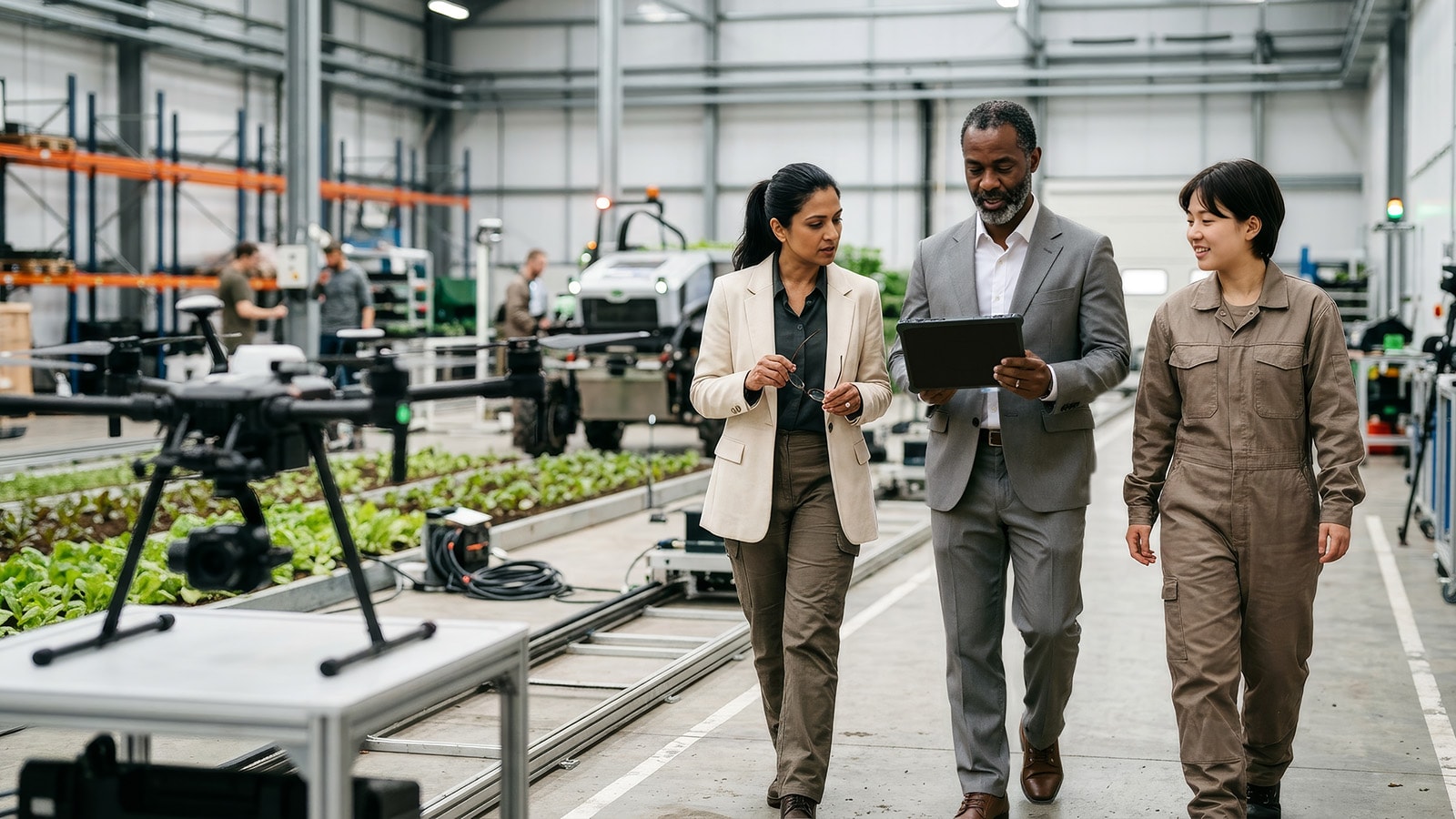 People reviewing operations in a modern manufacturing facility beside a drone workstation.