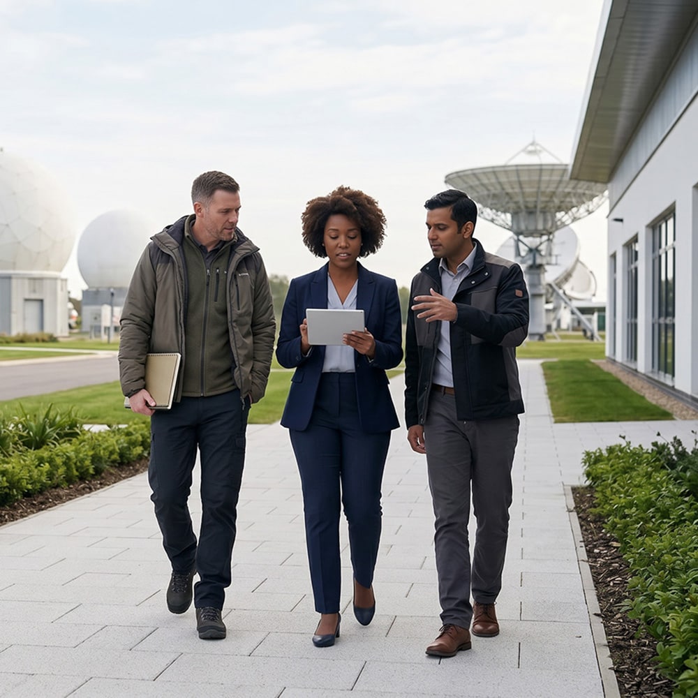 Three professionals walking together