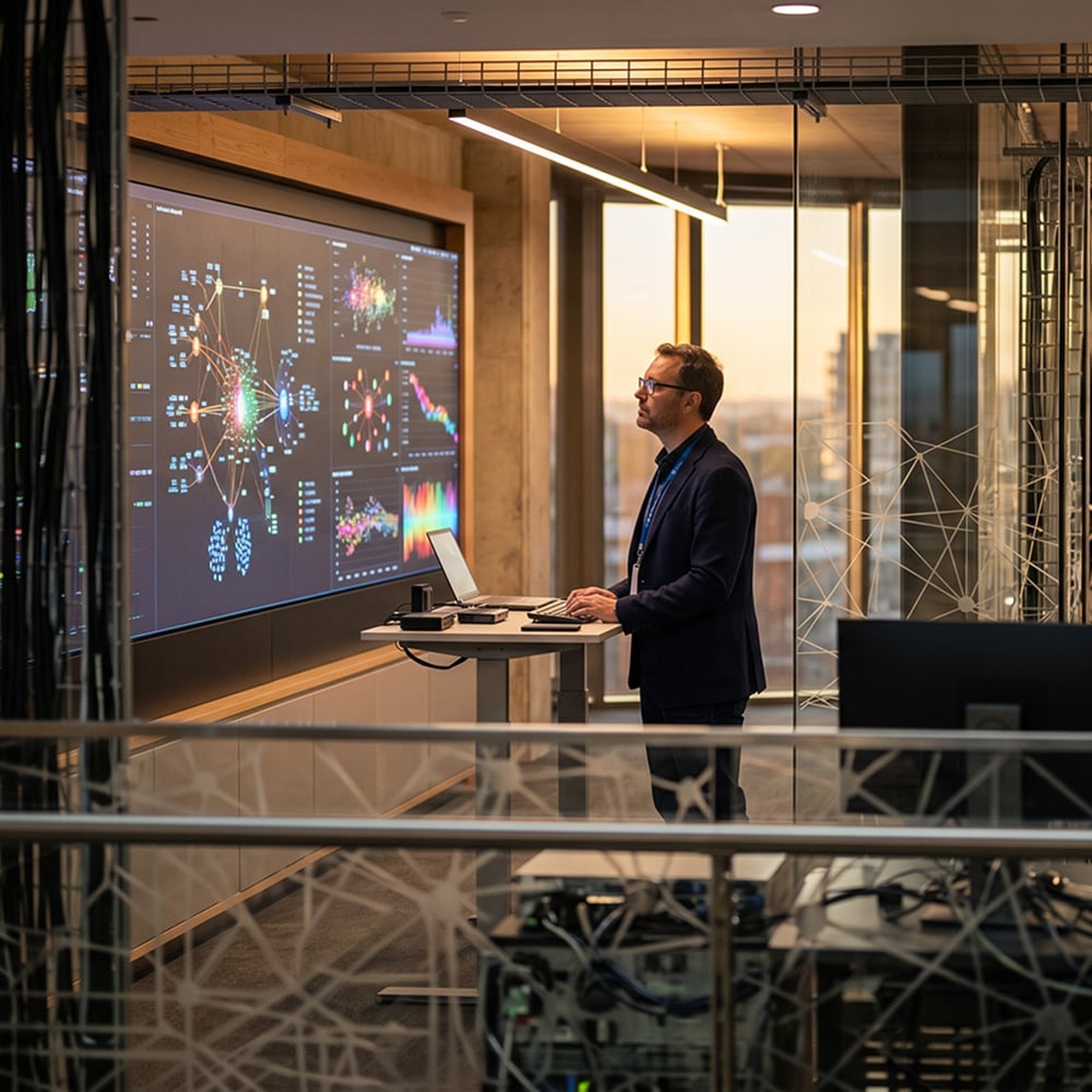 Man standing in a modern glass office viewing a large data visualization screen at night.