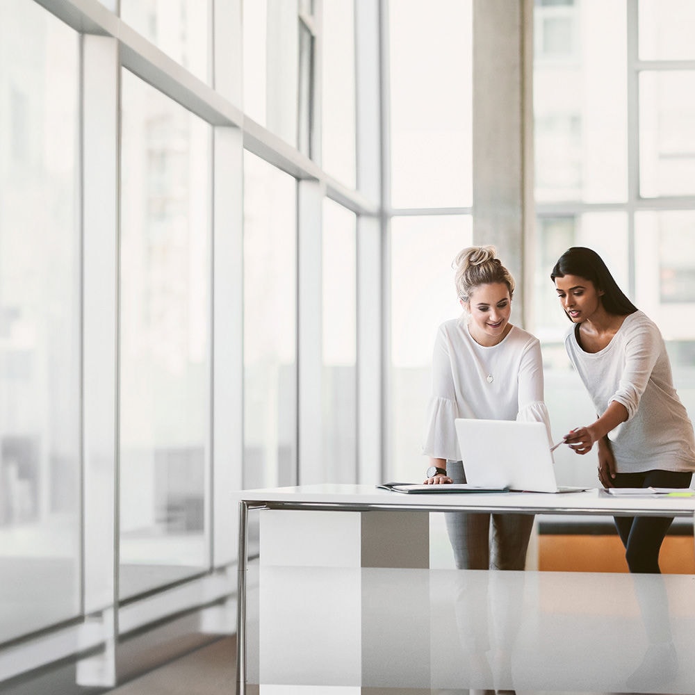 Two professionals work together on a project in a modern office space