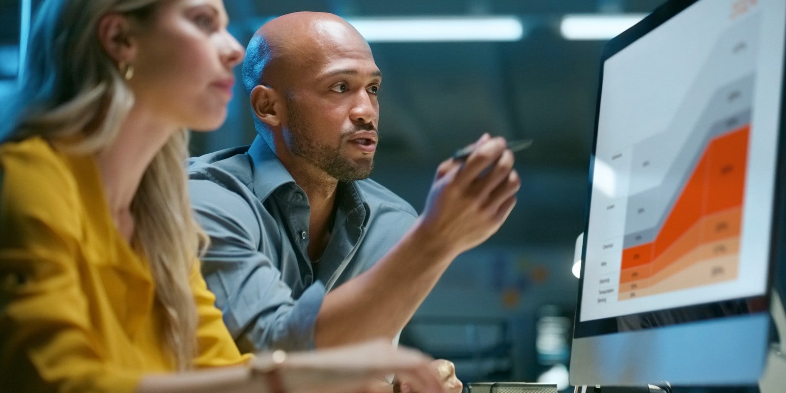 Two employees looking at a monitor with graphs on them