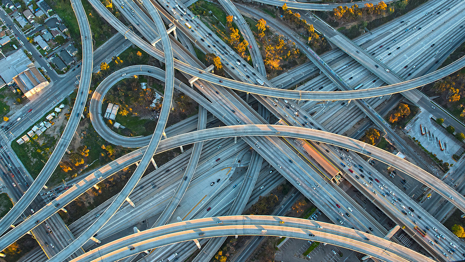 Aerial view of highway interchange in cityscape