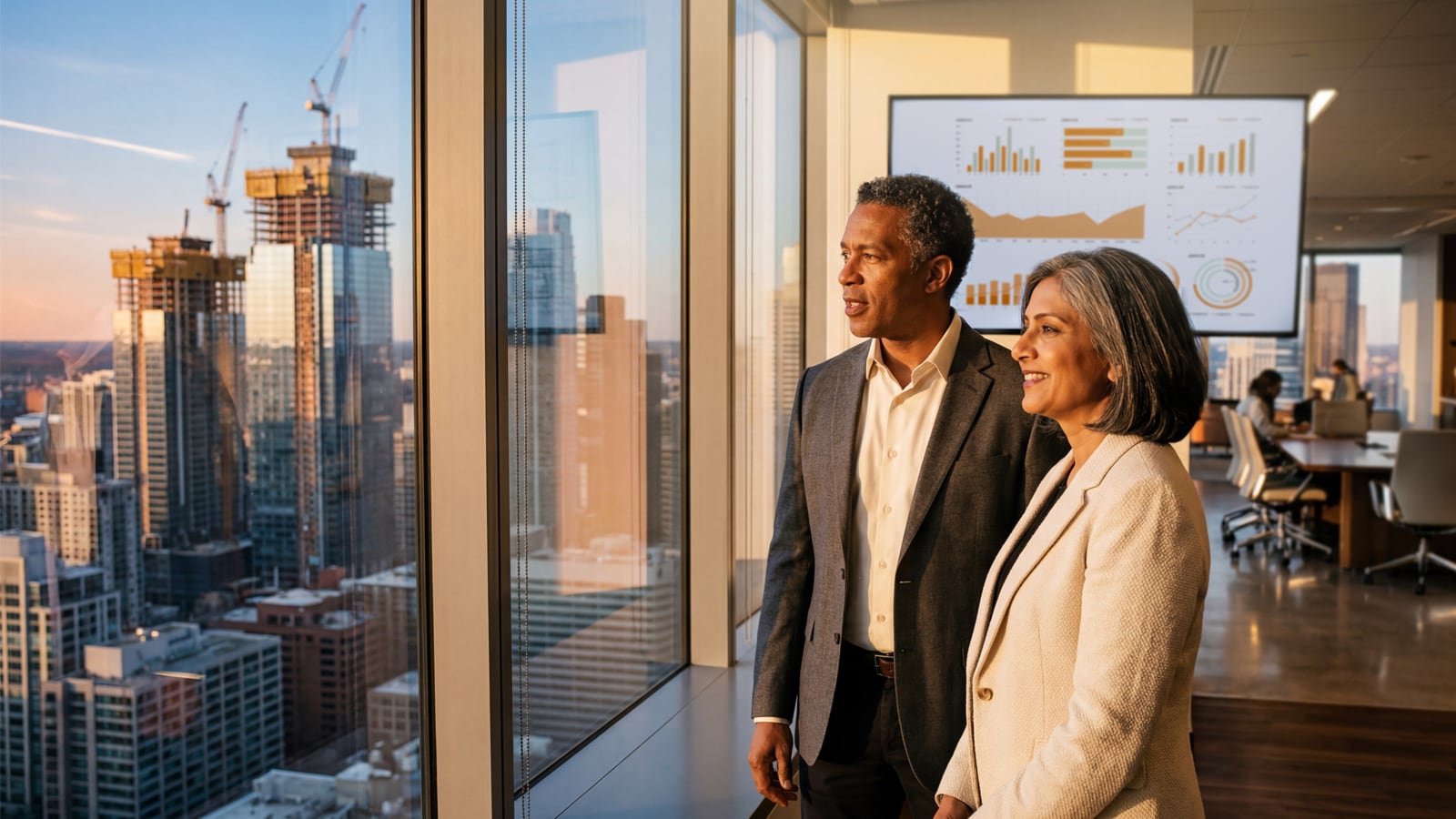 Two coworkers looking outside of the office window