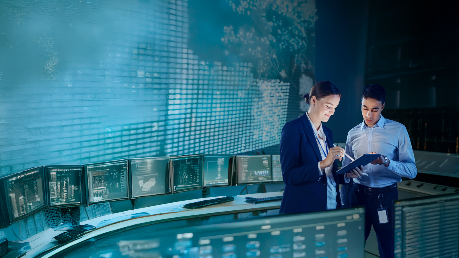 Two colleagues looking at a tablet