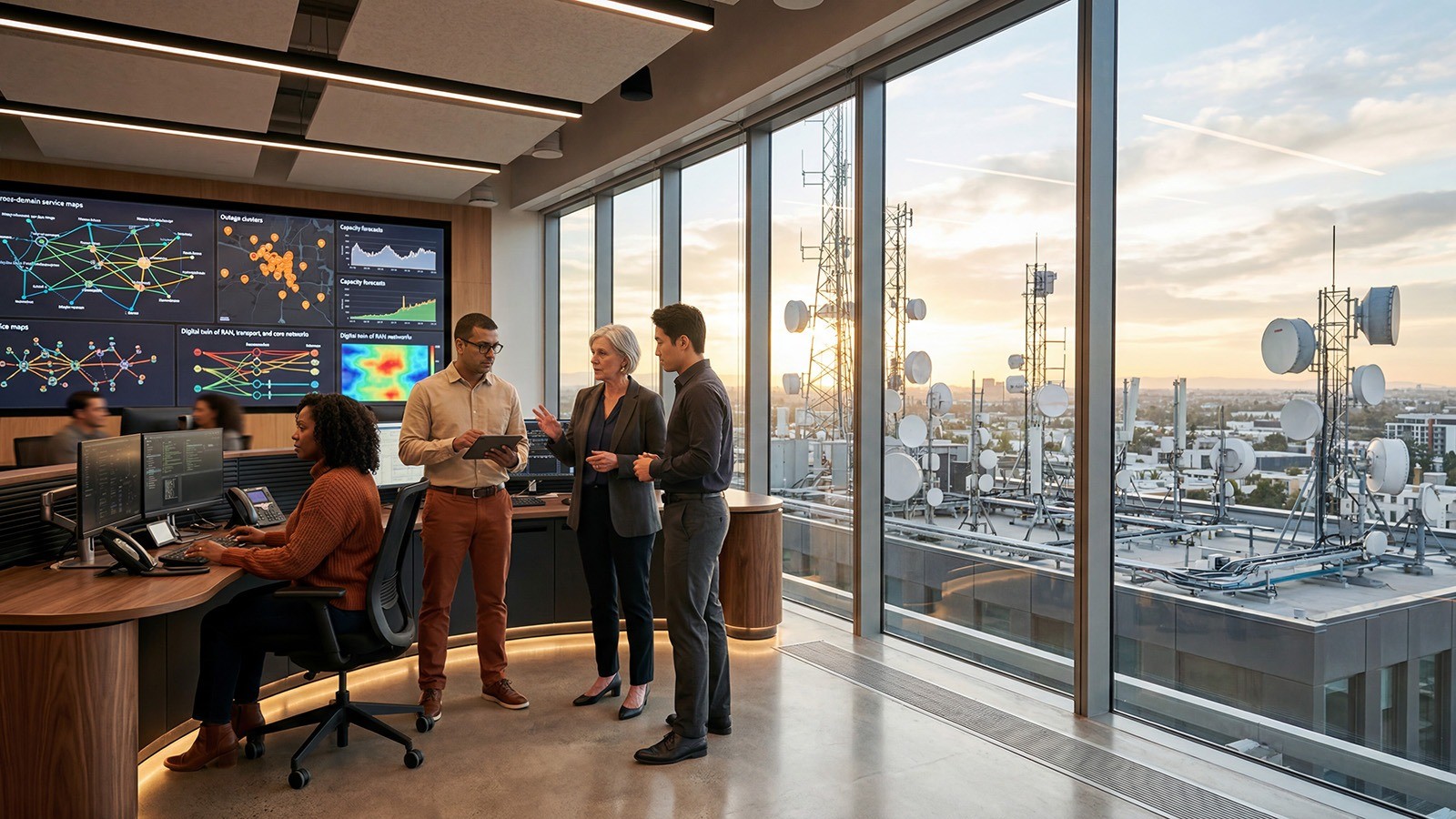 Office meeting room with people discussing near window overlooking city skyline at sunset