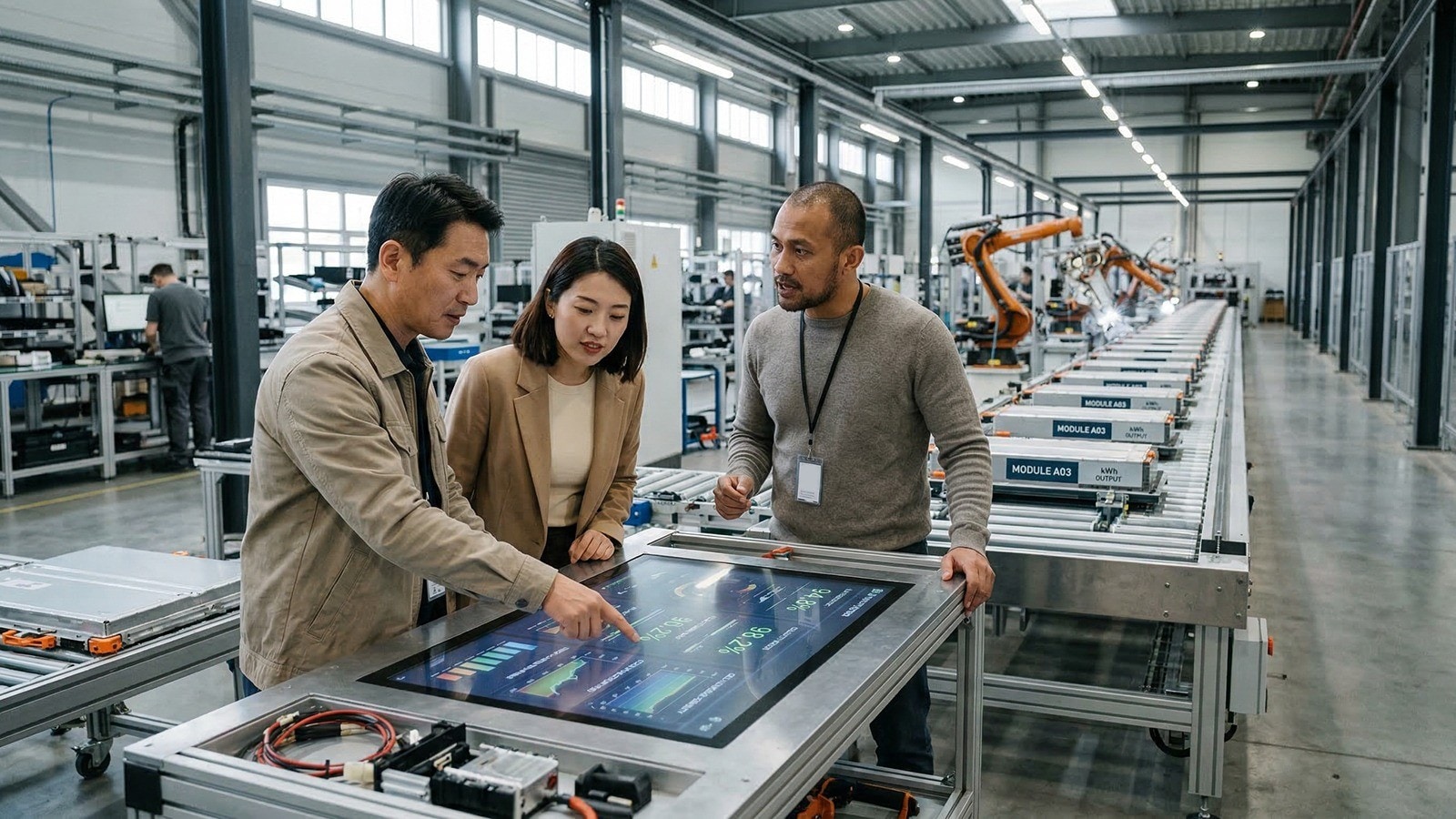 Three people stand in a modern manufacturing facility reviewing information on a large touchscreen workstation, with robotic arms and an automated production line visible in the background.