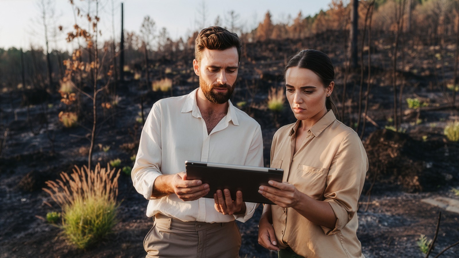 Two people looking at an ipad in the middle of a barren forest
