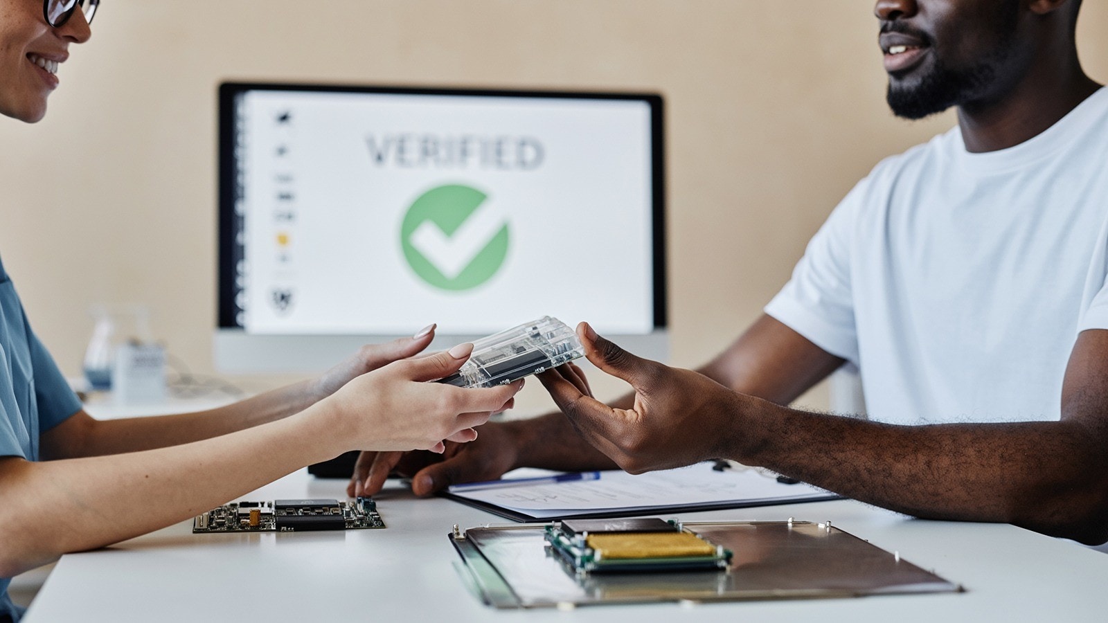 Two people having a discussion on a desk holding a chip board