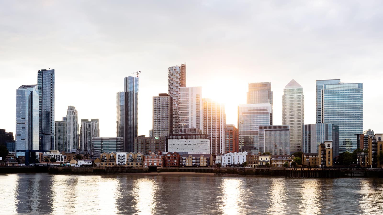 River Thames and the City skyline of London Canary Wharf