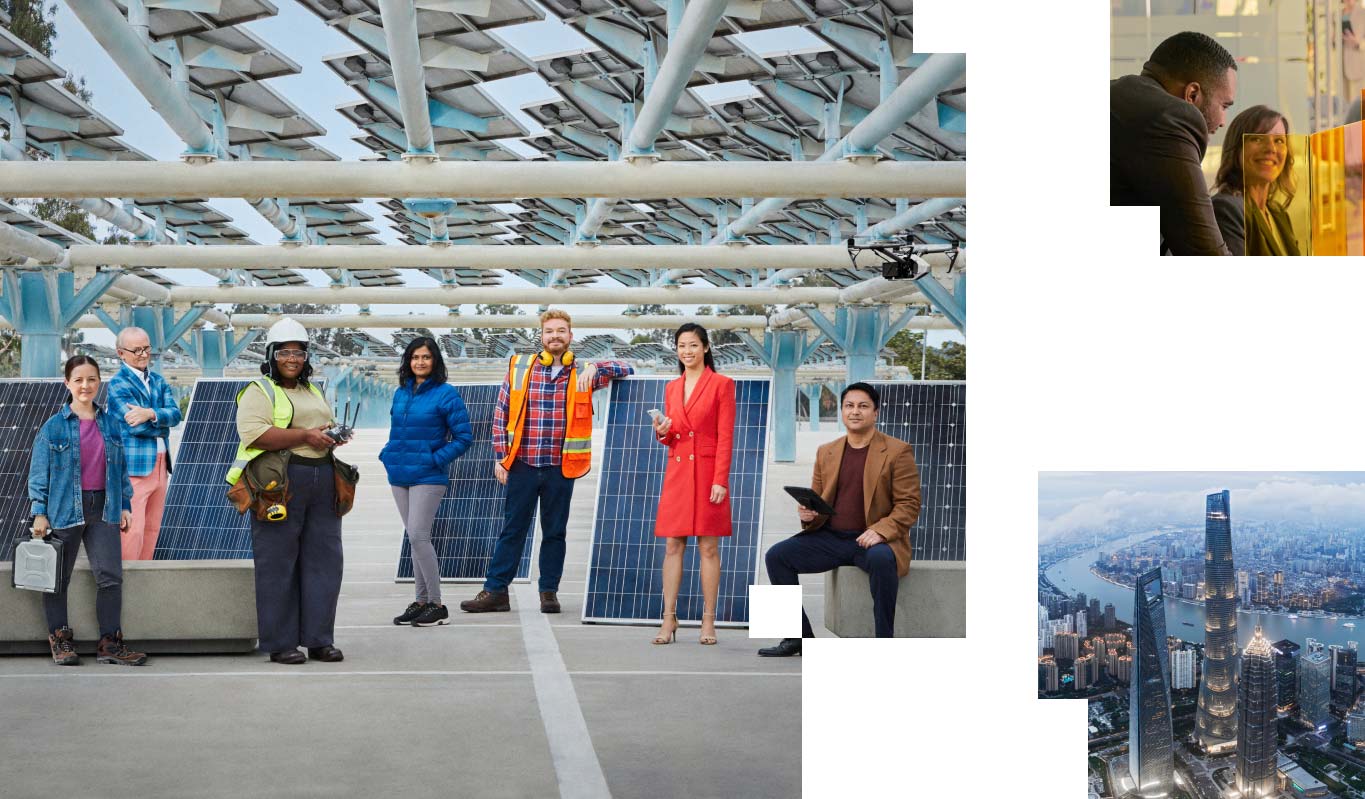 A collage of photographs showing a group of people
                posing before solar panels in a solar energy manufacturing facility, two
                people working at a desk, and a city skyline.