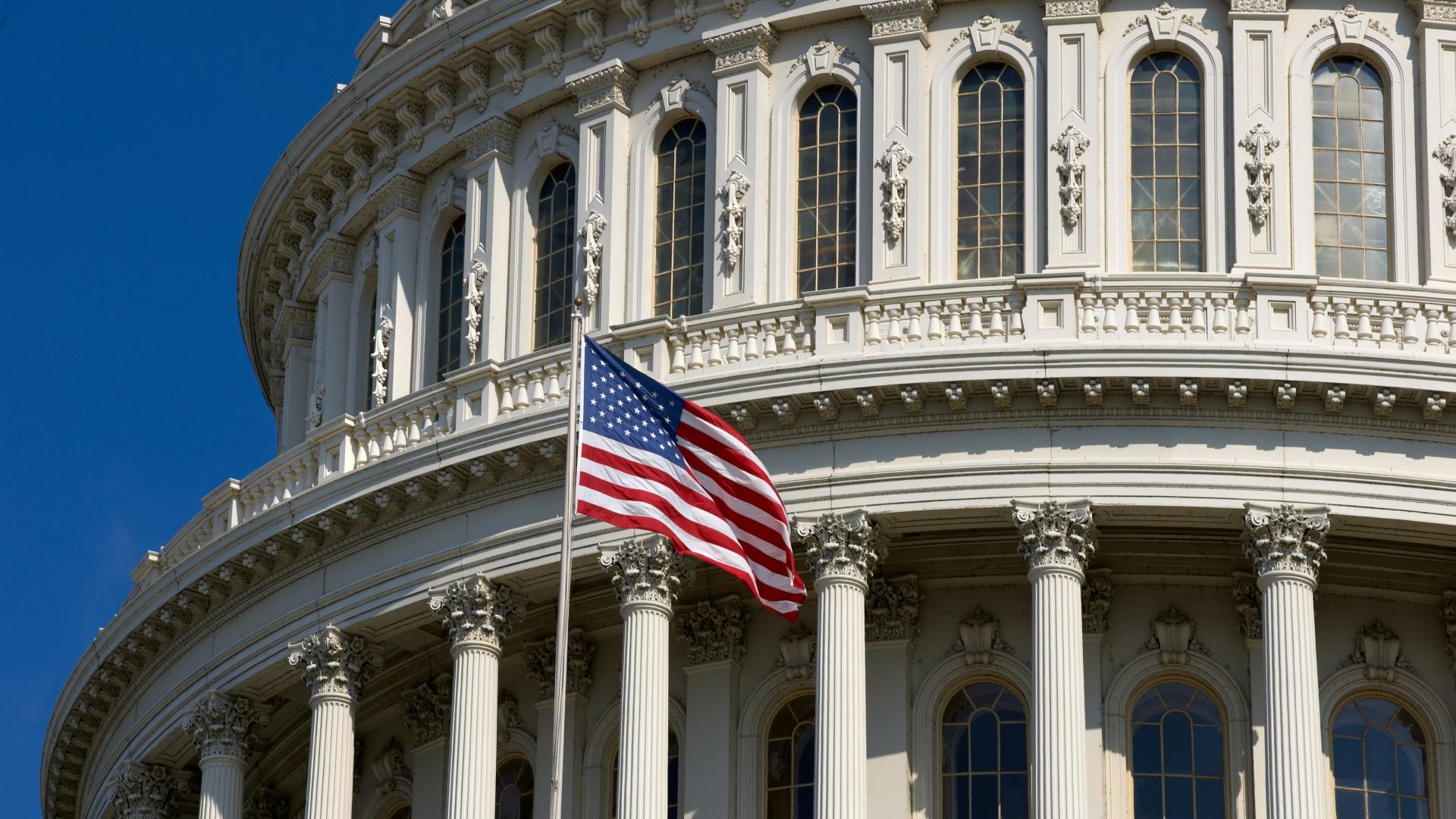 United States Capitol Dome in Washington DC with American flag