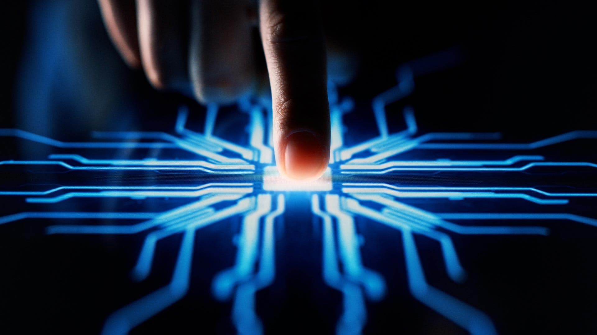 Finger on touch screen activates futuristic animation